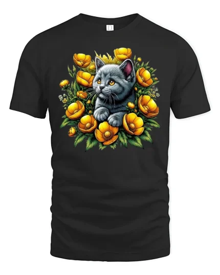 Kitten in Yellow Flowers Graphic Tee - black t-shirt on white background