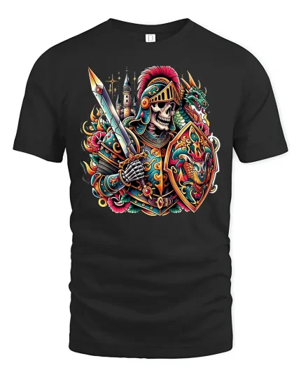 Skeleton Knight with Dragon Shield Tee - black t-shirt on white background