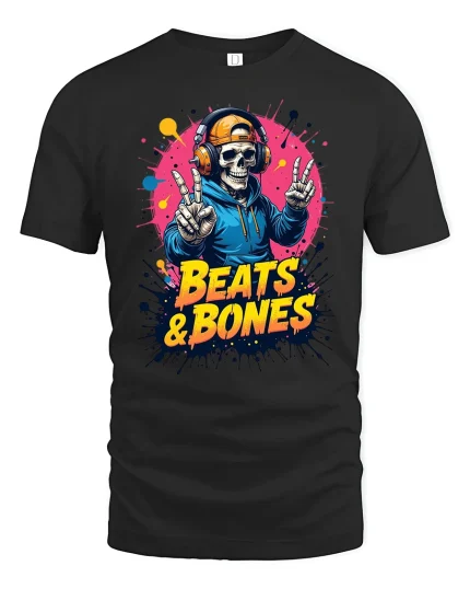Beats and Bones Skull DJ Graphic T-Shirt - black t-shirt on white background