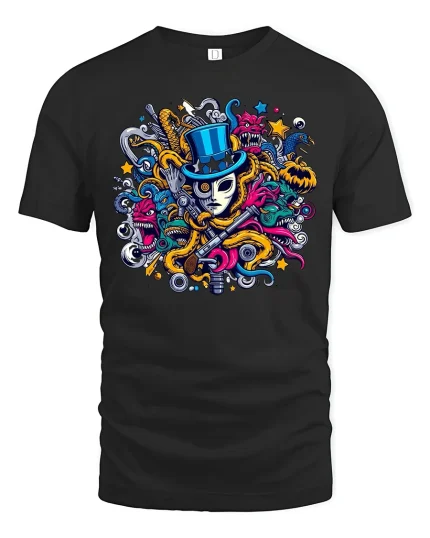 Masked Magician Chaos Art Tee - black t-shirt on white background
