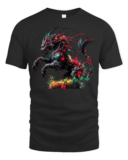 Cyber Kirin Spirit Fantasy Tee - black t-shirt on white background