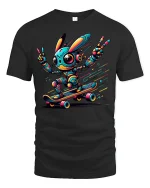 Cyber Bunny Skateboard Robot Tee - black t-shirt on white background