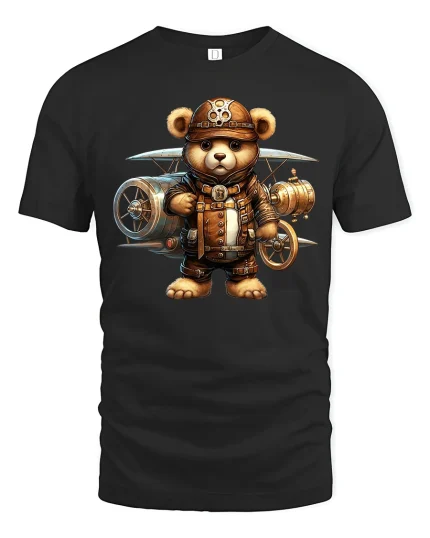 Steampunk Aviator Bear Pilot Tee - black t-shirt on white background