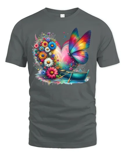 Rainbow Butterfly Garden Boat Tee - gray t-shirt on white background