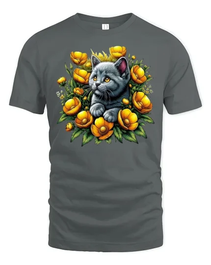 Kitten in Yellow Flowers Graphic Tee - gray t-shirt on white background