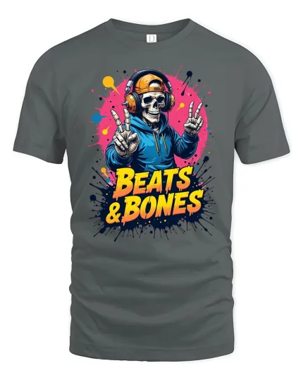 Beats and Bones Skull DJ Graphic T-Shirt - gray t-shirt on white background
