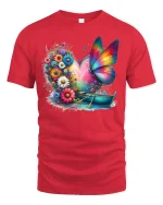 Rainbow Butterfly Garden Boat Tee - red t-shirt on white background