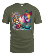 Rainbow Butterfly Garden Boat Tee - military green t-shirt on white background