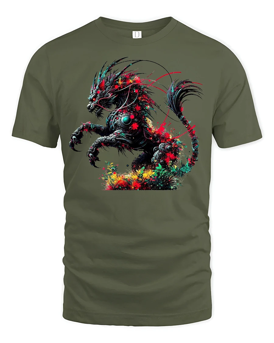 Cyber Kirin Spirit Fantasy Tee - 1 Cyber Kirin Spirit Fantasy Tee - military green t-shirt on white background