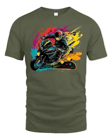 Neon Speed Rider Motorcycle Tee - military green t-shirt on white background