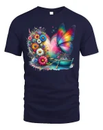 Rainbow Butterfly Garden Boat Tee - navy t-shirt on white background