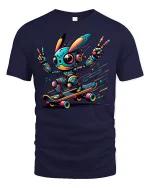 Cyber Bunny Skateboard Robot Tee - navy t-shirt on white background