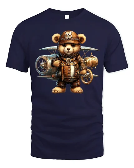 Steampunk Aviator Bear Pilot Tee - navy t-shirt on white background
