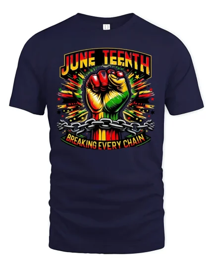 Juneteenth Breaking Every Chain Tee - navy t-shirt on white background