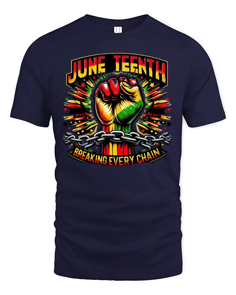 Juneteenth Breaking Every Chain Tee - 1 Juneteenth Breaking Every Chain Tee - navy t-shirt on white background