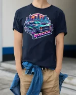 Retro Muscle Car Racer Neon - model wearing Navy T-shirt, hands in pockets, denim shirt at waist