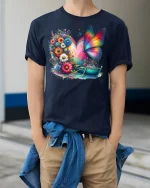 Rainbow Butterfly Garden Boat Tee - model wearing Navy T-shirt, hands in pockets, denim shirt at waist