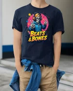 Beats and Bones Skull DJ Graphic T-Shirt - model wearing Navy T-shirt, hands in pockets, denim shirt at waist
