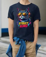 Street King Cool Cat Sunglasses - model wearing Navy T-shirt, hands in pockets, denim shirt at waist
