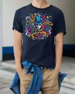 Masked Magician Chaos Art Tee - model wearing Navy T-shirt, hands in pockets, denim shirt at waist