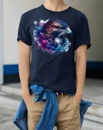 Fierce Eagle Spirit Watercolor Art Tee - model wearing Navy T-shirt, hands in pockets, denim shirt at waist