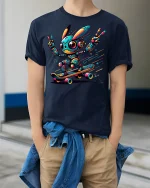 Cyber Bunny Skateboard Robot Tee - model wearing Navy T-shirt, hands in pockets, denim shirt at waist