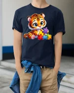 Baby Tiger Puzzle Play Tshirt - model wearing Navy T-shirt, hands in pockets, denim shirt at waist