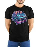 Retro Muscle Car Racer Neon - model with hands behind back, wearing Black T-shirt and blue jeans