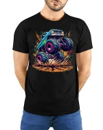 Monster Truck Madness Extreme T-shirt - model with hands behind back, wearing Black T-shirt and blue jeans