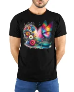 Rainbow Butterfly Garden Boat Tee - model with hands behind back, wearing Black T-shirt and blue jeans