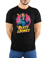 Beats and Bones Skull DJ Graphic T-Shirt - model with hands behind back, wearing Black T-shirt and blue jeans