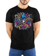 Masked Magician Chaos Art Tee - model with hands behind back, wearing Black T-shirt and blue jeans
