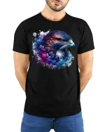 Fierce Eagle Spirit Watercolor Art Tee - model with hands behind back, wearing Black T-shirt and blue jeans