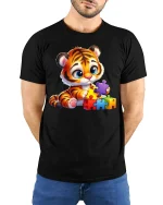 Baby Tiger Puzzle Play Tshirt - model with hands behind back, wearing Black T-shirt and blue jeans