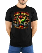 Juneteenth Breaking Every Chain Tee - model with hands behind back, wearing Black T-shirt and blue jeans