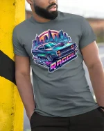 Retro Muscle Car Racer Neon - model leaning on yellow-black pole, wearing Gray T-shirt, hand in pocket