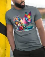 Rainbow Butterfly Garden Boat Tee - model leaning on yellow-black pole, wearing Gray T-shirt, hand in pocket