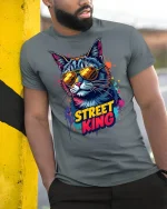 Street King Cool Cat Sunglasses - model leaning on yellow-black pole, wearing Gray T-shirt, hand in pocket