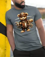 Steampunk Aviator Bear Pilot Tee - model leaning on yellow-black pole, wearing Gray T-shirt, hand in pocket