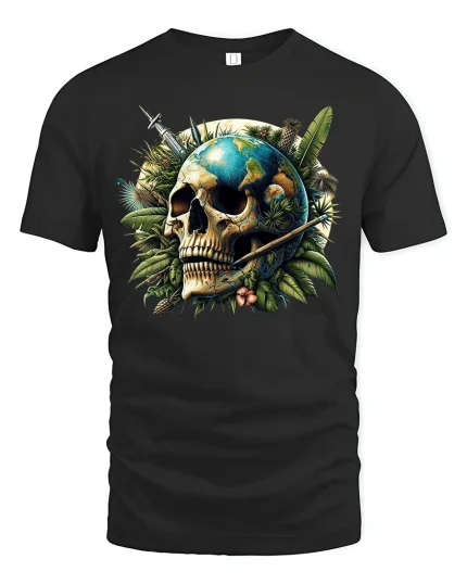 World Skull Jungle Adventure Tee - black t-shirt on white background