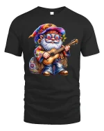Hippie Gnome Guitar Player T-shirt - black t-shirt on white background