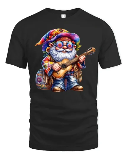 Hippie Gnome Guitar Player T-shirt - black t-shirt on white background
