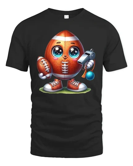 Funny Football Cartoon Character Tee - black t-shirt on white background
