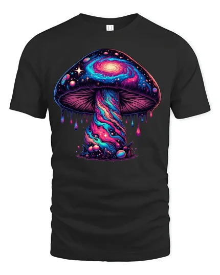 Cosmic Galaxy Mushroom Tee - black t-shirt on white background