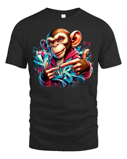 Street Vibes Monkey Graffiti Art Tee - black t-shirt on white background