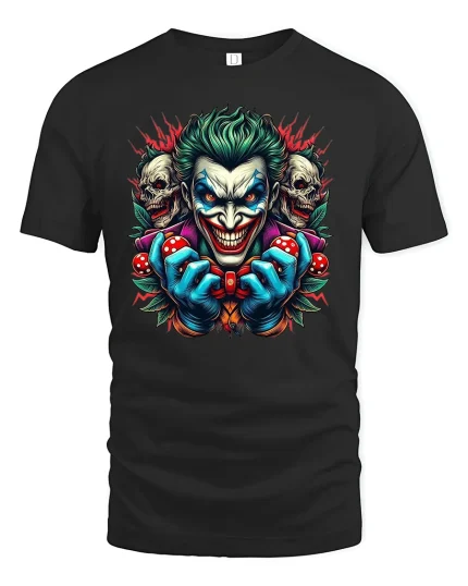 Evil Clown Dice Joker Face Tee - black t-shirt on white background