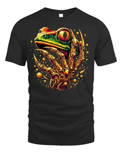Colorful Fantasy Frog Design Tee - black t-shirt on white background