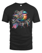 Colorful Gem Bird Floral T-Shirt - black t-shirt on white background