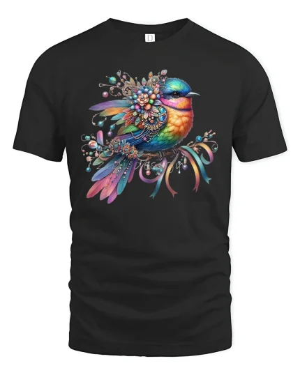 Colorful Gem Bird Floral T-Shirt - black t-shirt on white background