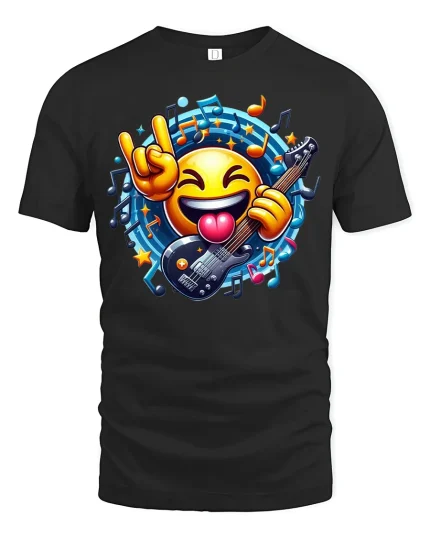 Rock On Emoji Guitar Fun Vibes T-Shirt - black t-shirt on white background